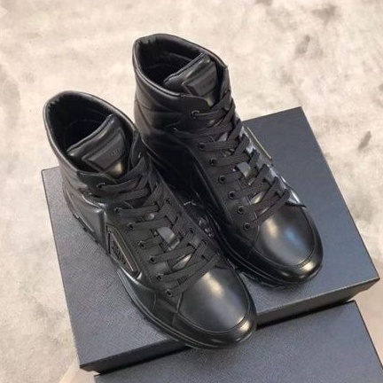 sepatu pria sneaker boots pr4da mirror shoes men high end kulit hitam cowok