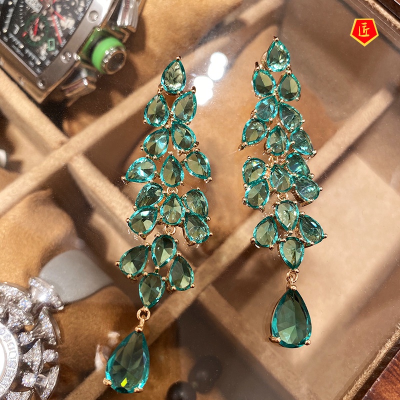 [Ready Stock]18K Gold Exaggerated Emerald Leaves Tassel Earrings