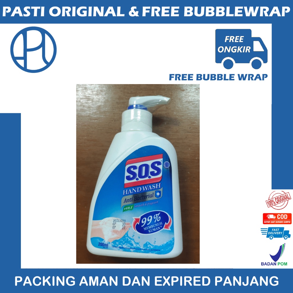 SOS HAND WASH 200ML ANTI BACTERIAL BIRU PUMP SABUN CUCI TANGAN MURAH