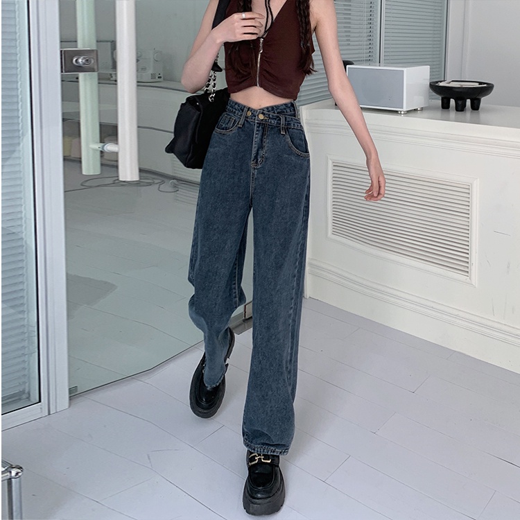 celana jeans wanita terbaru /high-waist straight-leg wide-leg jeans celana highwaist wanita/high-waist hamparan luas leg denim kasual berkobar celana wanita Korea/Celana jins pinggang tinggi korean style kasual celana lurus longgar