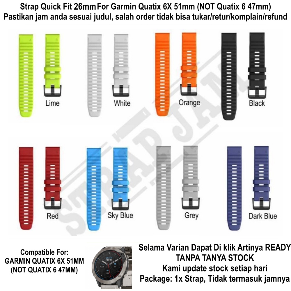 MF6X Tali Jam Garmin Quatix 6X 51mm - Strap 26mm Quick Fit Rubber Lentur