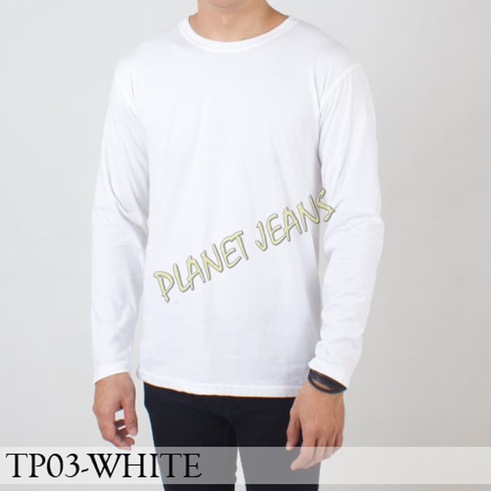 Baju kaos polos pria / polosan cowok tangan lengan panjang warna putih