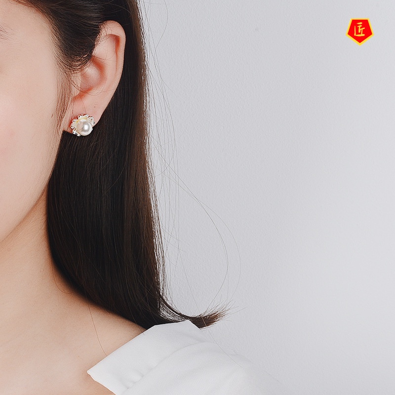 [Ready Stock]Korean Style Elegant Flower Pearl Stud Earrings High-End
