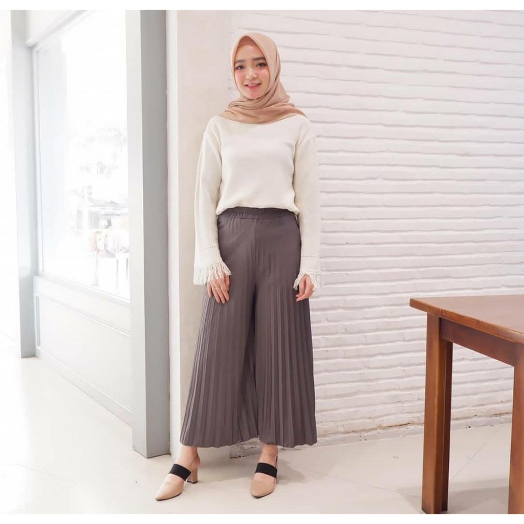 Long skirt kulot  rempel  lipet bahan plisket jersey mayung 