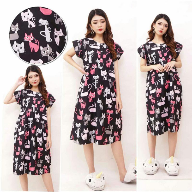 Daster Batik Lengan pendek - Motif Acak / Campur - Leher Kancing /Batik karakter busui-Kucing hitam