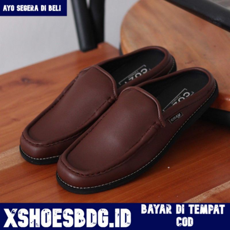 Sandal Sepatu Pria Slide Bustong Kulit Faux Kasual Casual Kondangan