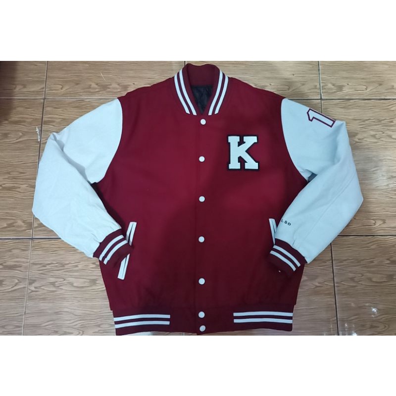 Jaket Varsity Univ Wool Leather K Merah