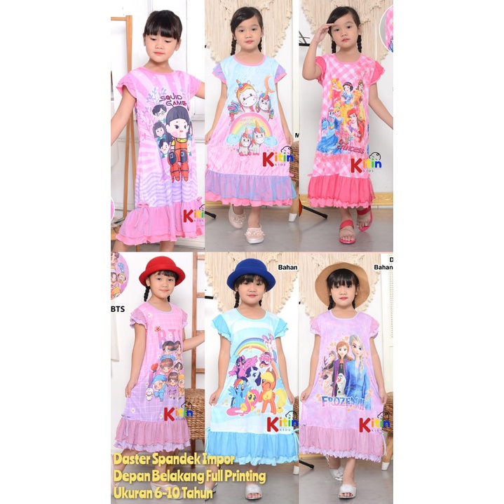 Daster Terusan Tunik Anak JUMBO TANGGUNG Spandek Import Printing Frozen/BTS/Poni/Unicorn/Princess/Sq