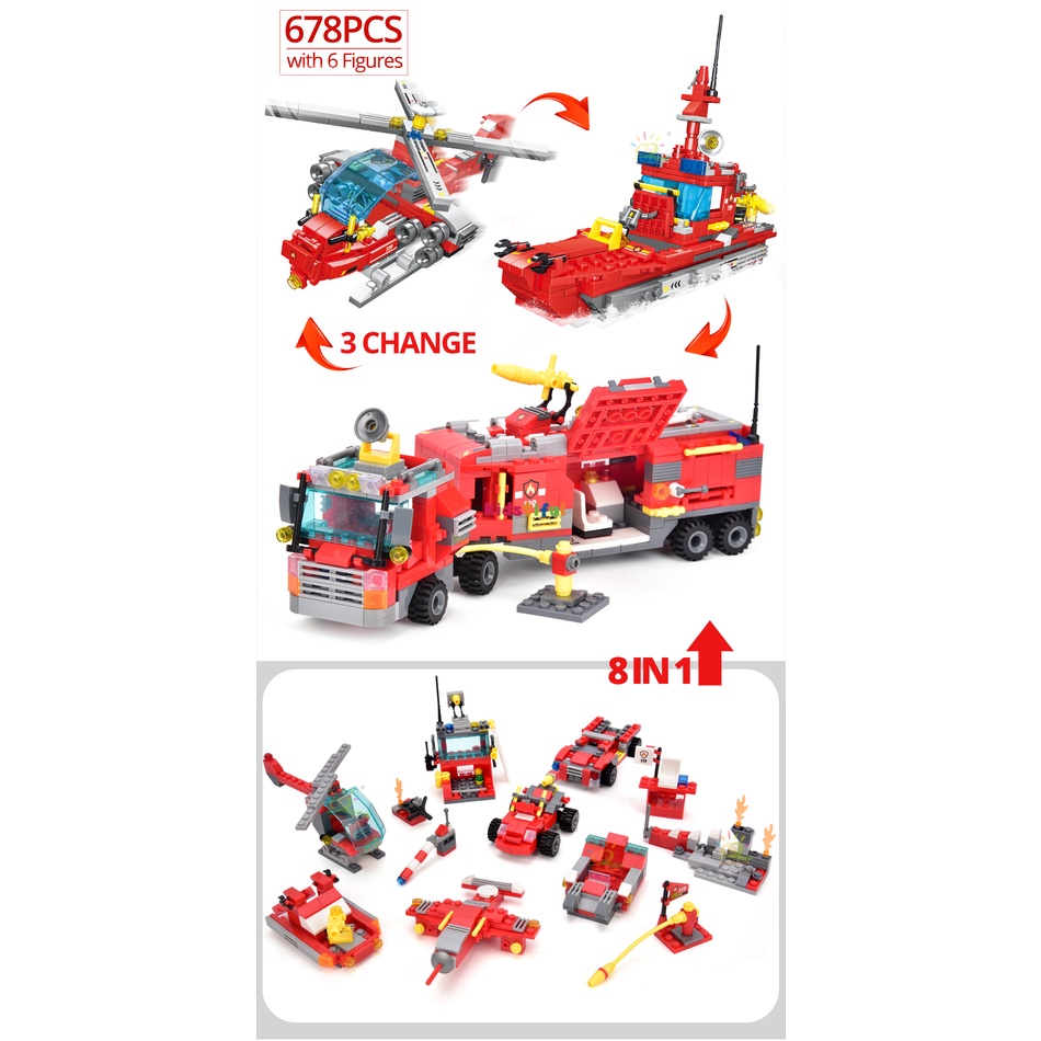 678Pcs 8IN1 Truk Pemadam Kebakaran Mainan Bricks Edukasi Mainan Anak Laki Laki