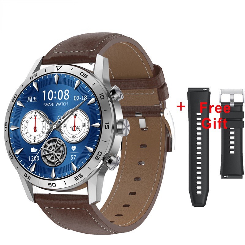 DT NO.1 KK70 DT70 Smart Watch Full Touch Screen Heart rate Monitor BT Call Smartwatch-Silver Brown leather