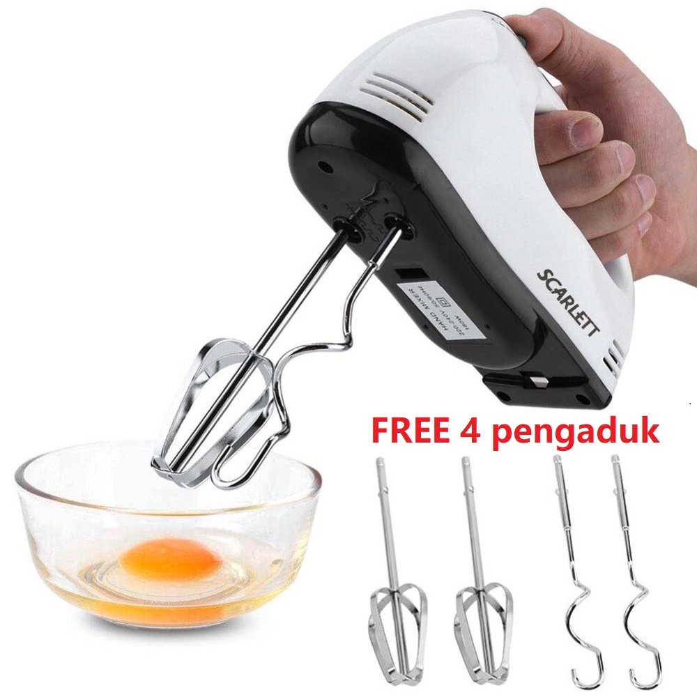 Mixer Tangan super hand mixer Pengaduk Telur Kue - Elektrik Pengaduk 7 Kecepatan Otomatis Putih- Dengan Free 4 Buah Alat Pengocok / Mixer Serbaguna