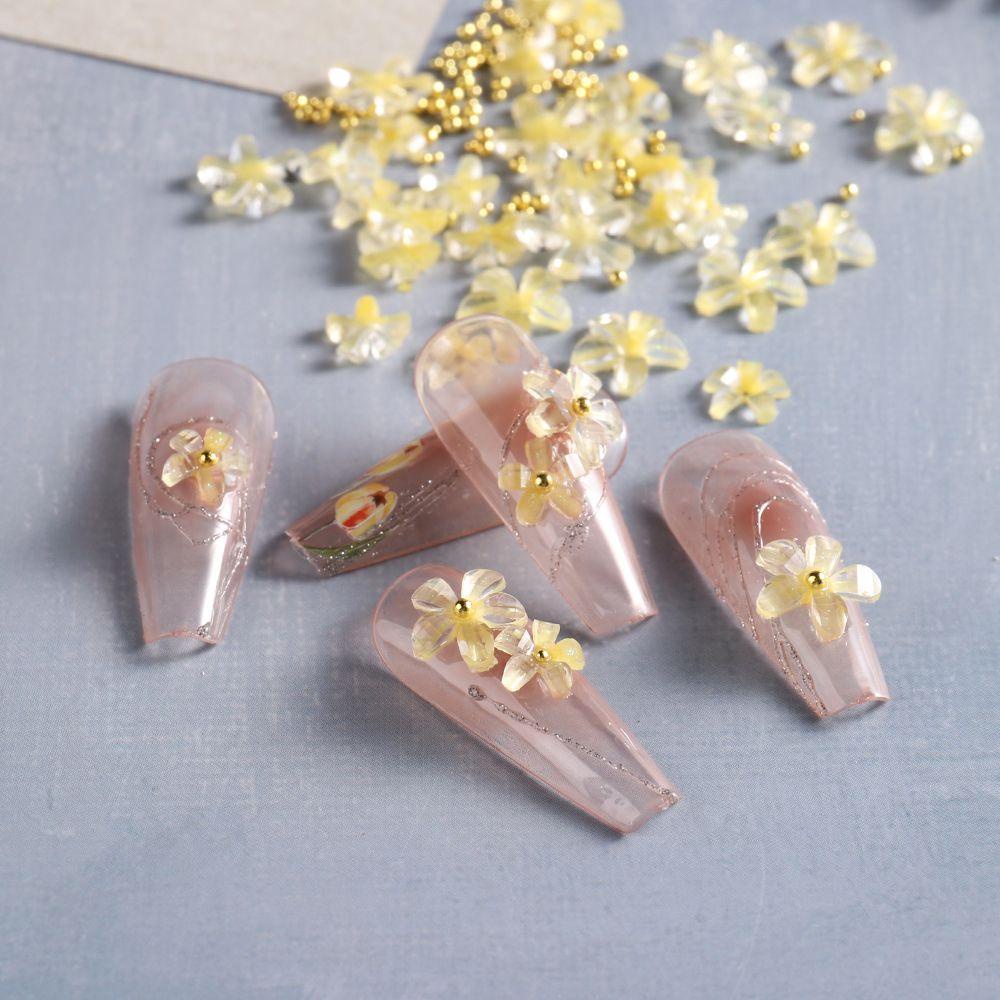 AUGUSTINA Agustinina Bunga Nail Art Perhiasan DIY Fashion Bunga Kuning Resin Kaviar Manik-Manik Flatback Kristal Hiasan Kuku