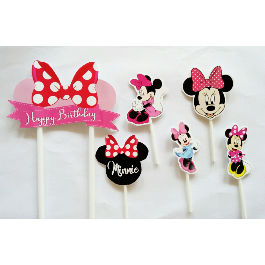 satu set isi 6 cake topper hiasan kue ulang tahun karakter minnie mouse mini mouse