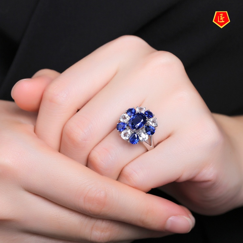 [Ready Stock]Graceful Personality Full Diamond Sapphire Ring