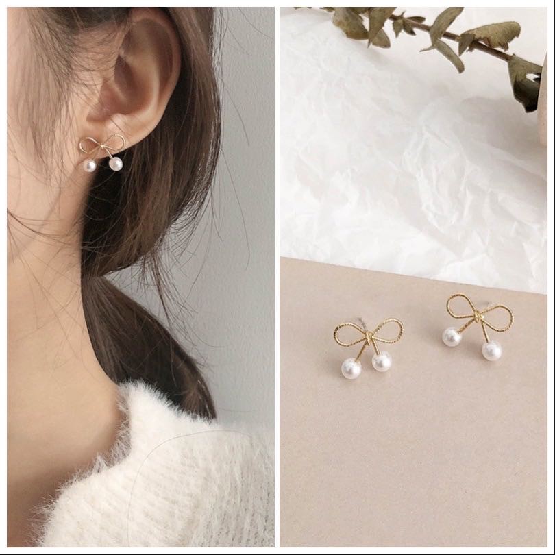 Anting Tusuk Handmade Simple Gaya Korea Aksen Pita Mutiara untuk Wanita