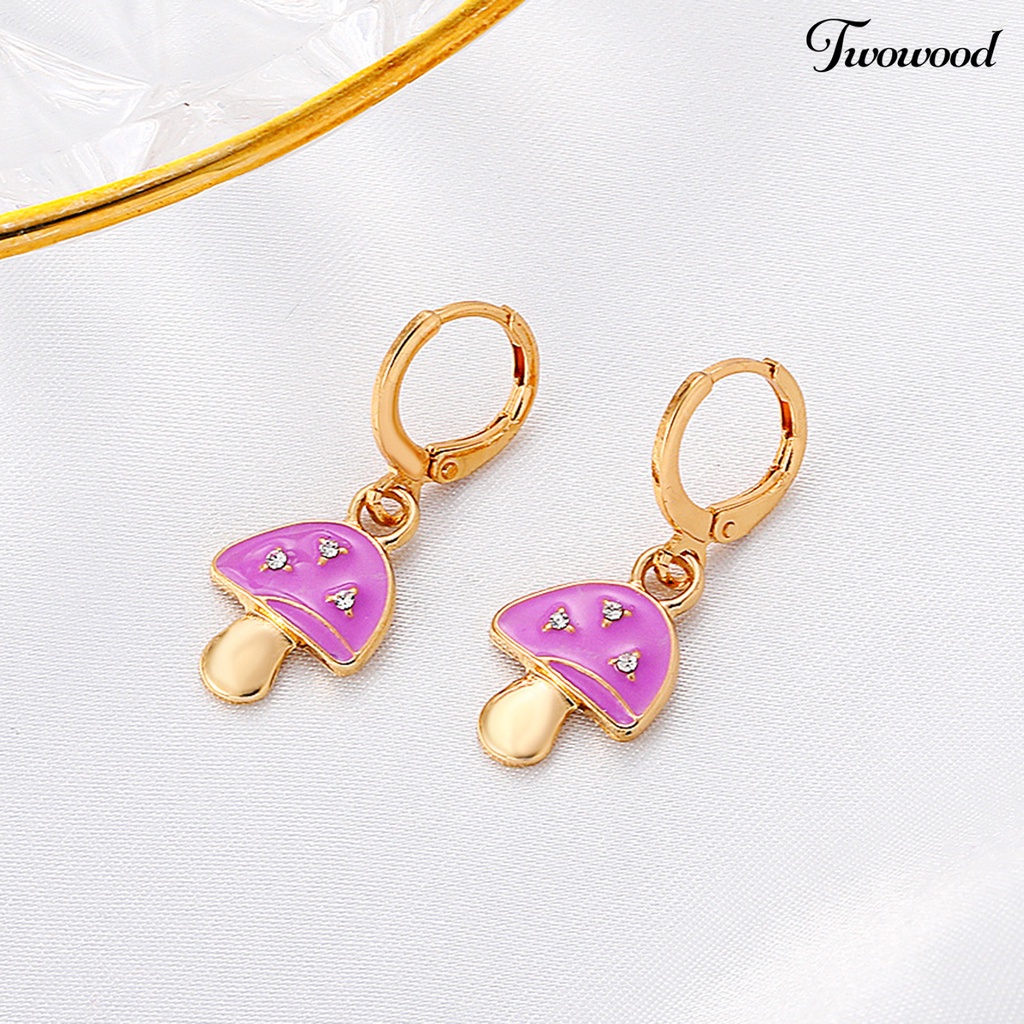 Twowood 1 Pair Mushroom Shape Rhinestone Drop Earrings Alloy Piercing Bright Color Clip Earrings Jewelry Accessory