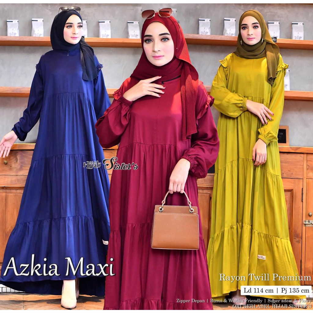 Fashion Muslim Wanita Azkia Dress By Hijab Sister Bahan Rayon Twill Premium Motif Polos Ld 114