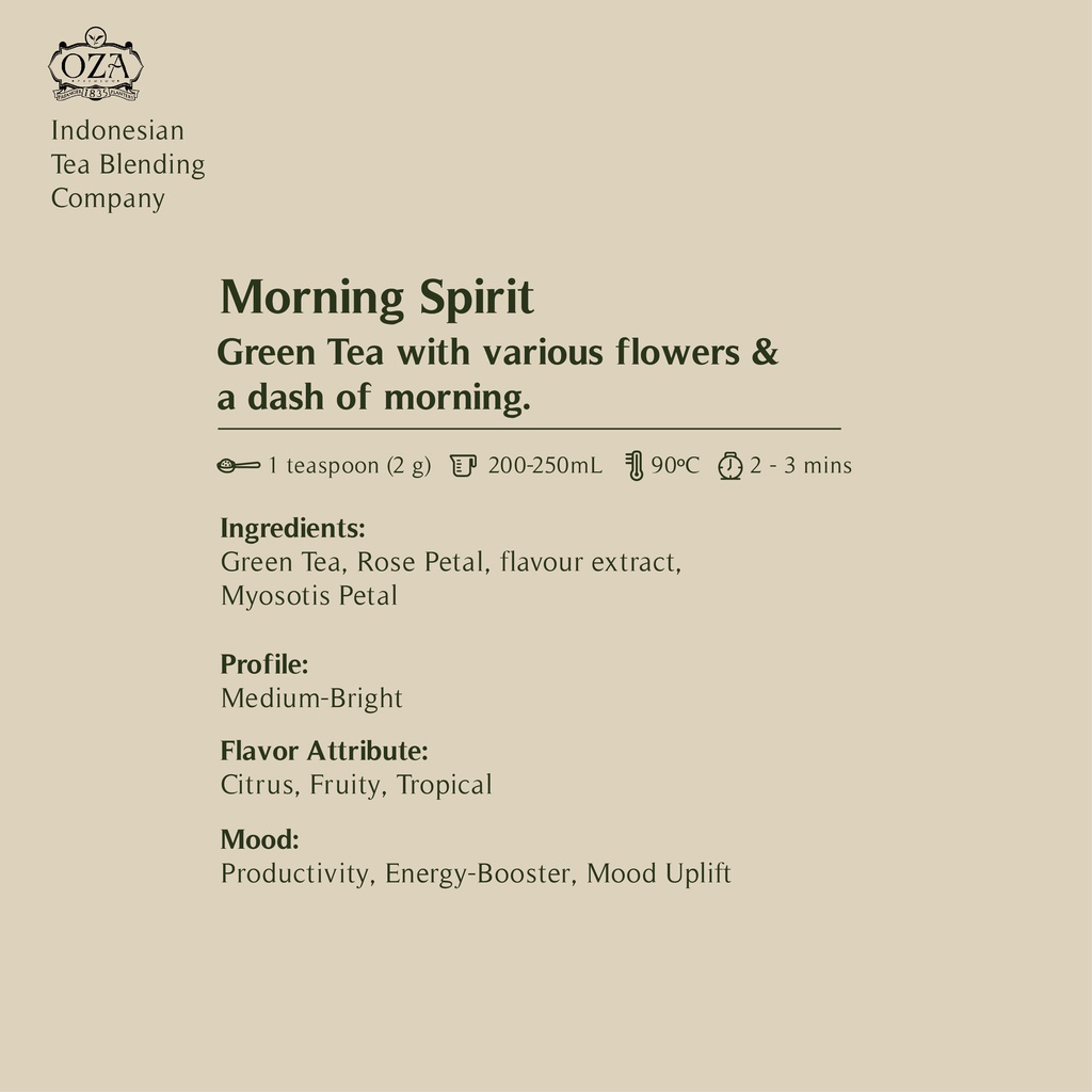 

Ay00! OZA Tea - Morning Spirit Artisan Tea - Green Tea Specialty Grade Teh 40 Gram (20 Cups)