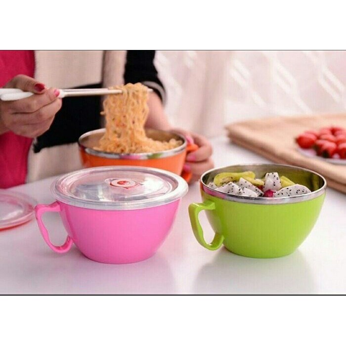 airtight bowl korea with handle / mangkok kedap udara stainless steel - Merah Muda, TANPA DUS