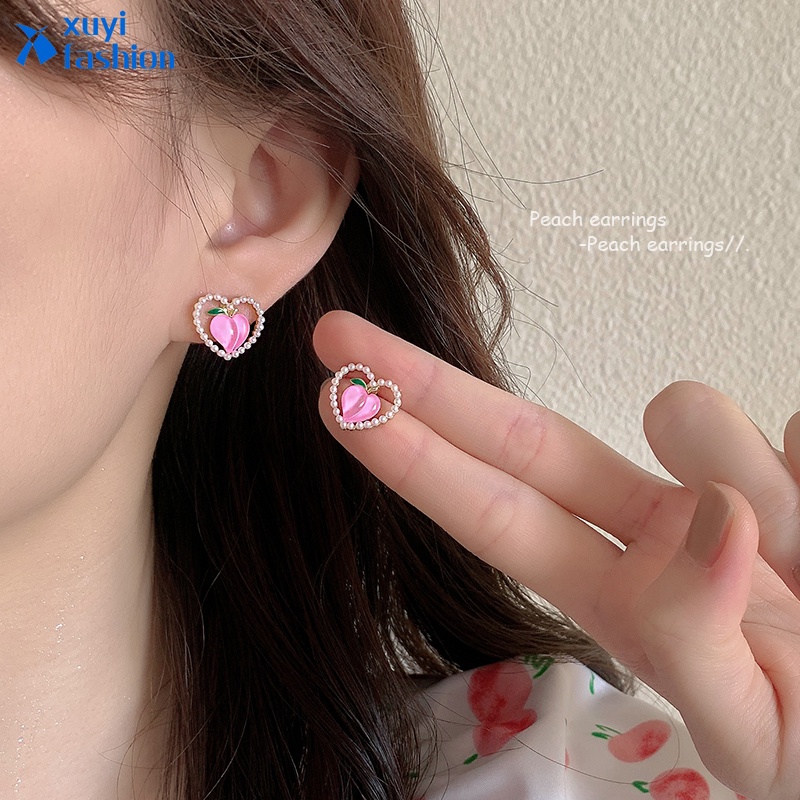 Anting Stud Bentuk Hati Warna Pink Aksen Mutiara Untuk Wanita