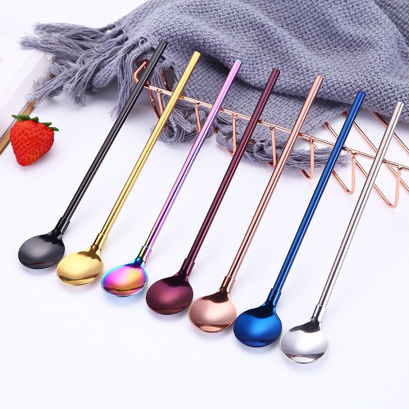 1pc Creative Multifunctional 2 in 1 Stainless Steel Straw Stirring Spoon Tableware