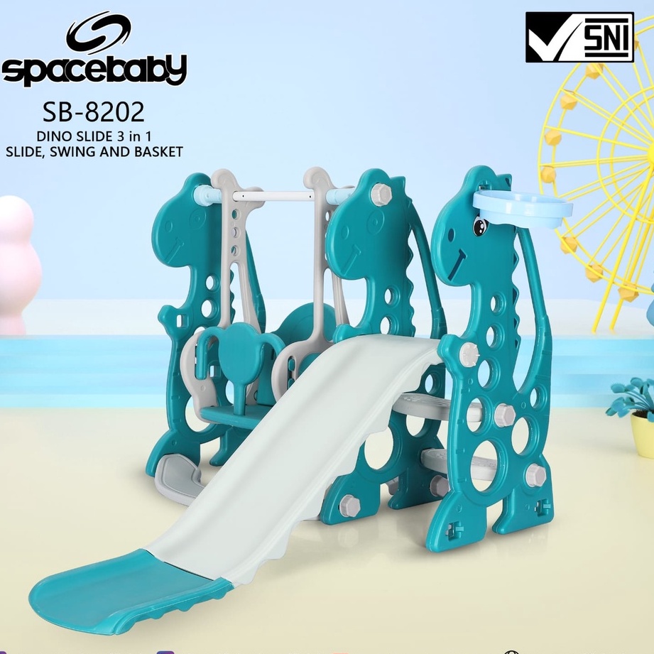 Mainan Anak Perosotan Prosotan Slide Model Dino Ayunan ring keranjang bola basket karet SB8201 & SB8202 By Spacebaby 3 in 1 Slide Swing and Basket-1
