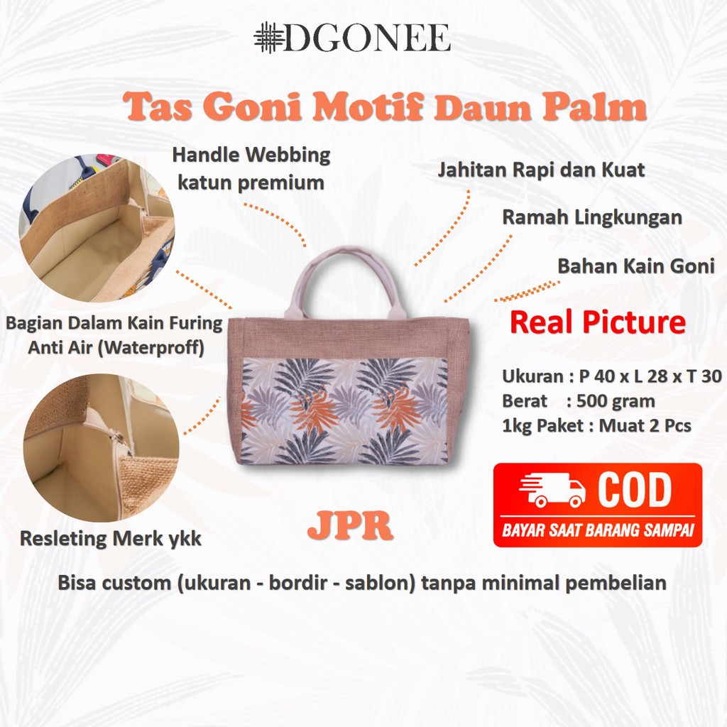 D Gonee Dgonee JPR Tas Goni Motif Daun Palm Tote Bag Totebag Kain Goni Belanja Wanita Cewek Custom