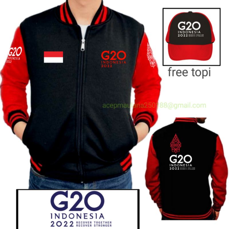 jaket baseball varsity Zipper ( resleting ) bersablon G20 Indonesia 2022+ free topi