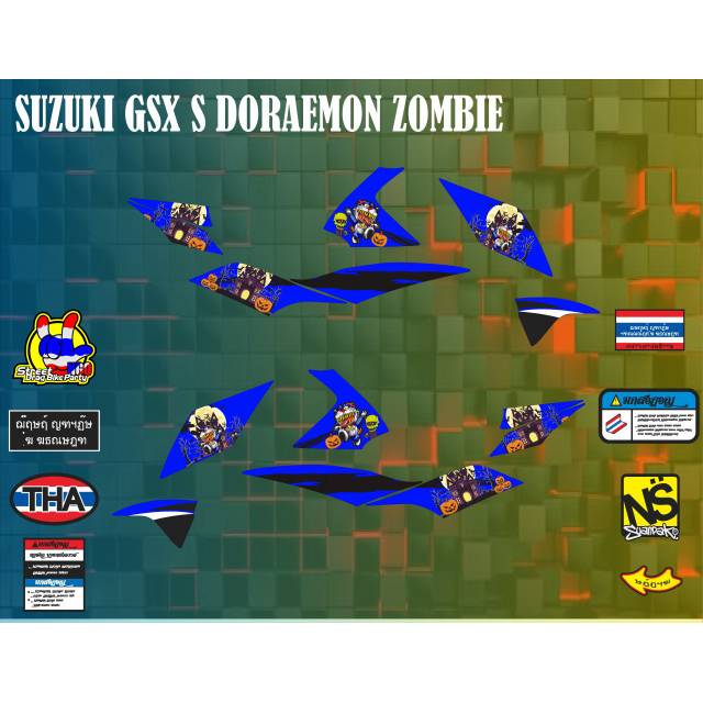 Stiker motor, striping variasi dan laminasi  Suzuki GSX S motif Doraemon Zombie