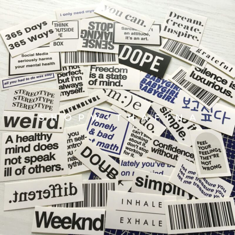 

Sticker Aesthetic | 40 pcs Minimalist Quotes & Barcode Sticker Set | Korean Journal / Scrap Diary Material | SHOPWITHAFINA