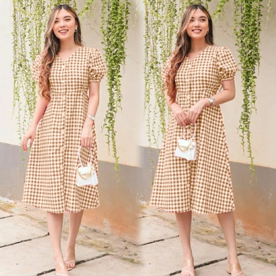 Baju Dress Wanita Korea Casual Midi Dres V Kotak Tata / Pakaian Cewek Pesta Remaja Simple Murah Keki