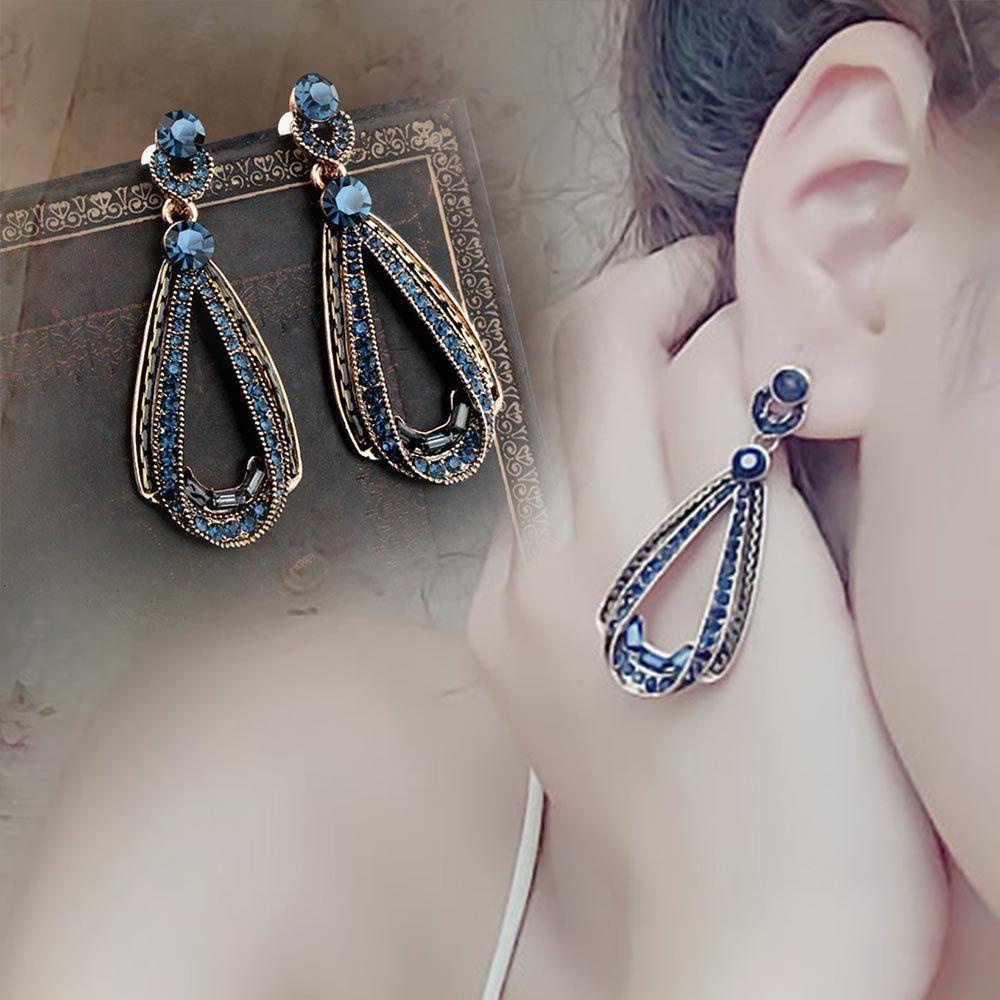 NEEDWAY Perhiasan Wanita Biru Tua Berlian Imitasi Cantik Menjuntai Anting