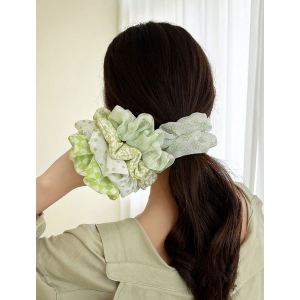 Scrunchie Set 3in1 Ikat Rambut Motif Daisy warna Salem + Ikat Rambut Kain + Ikat Rambut Dua Layer