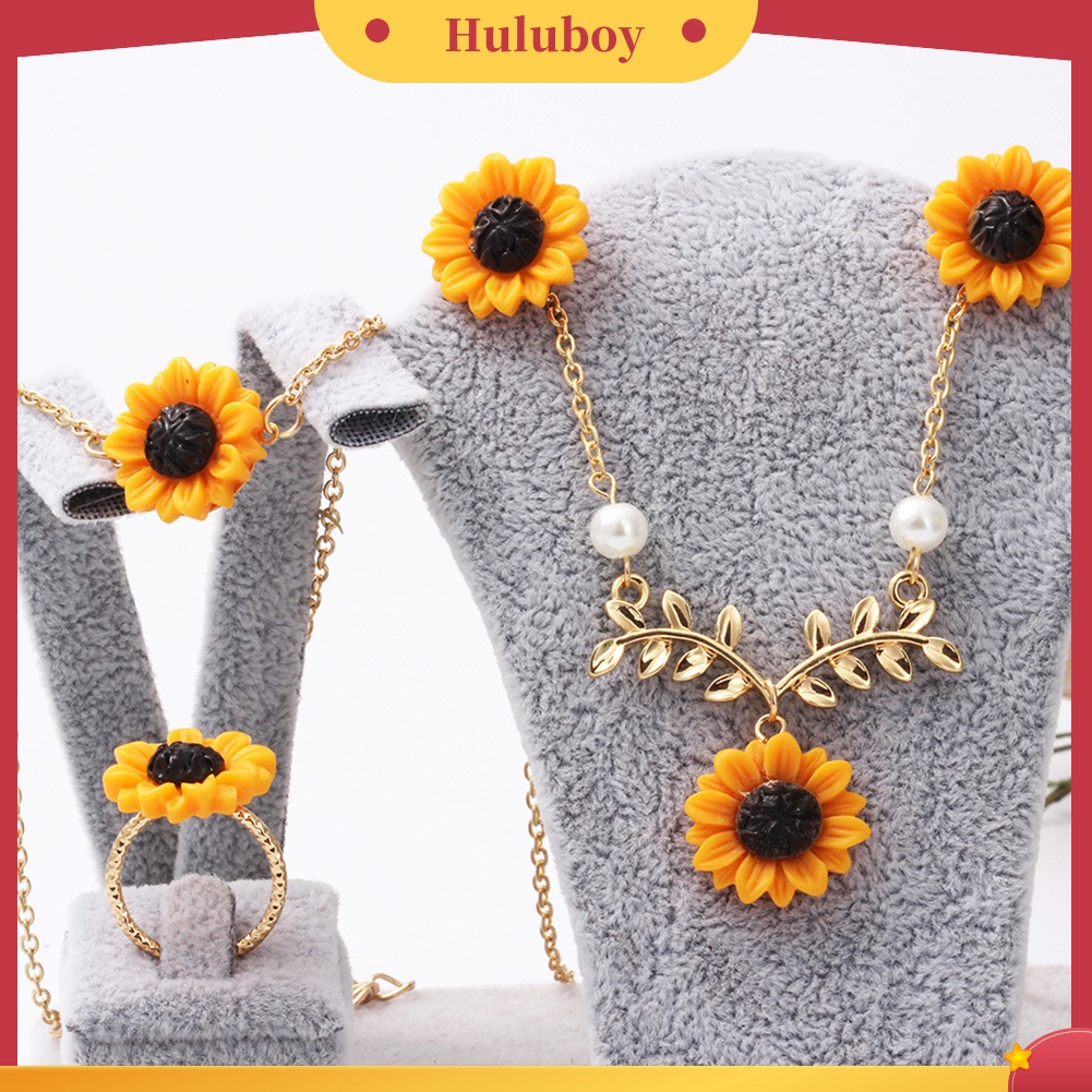 Hu Hu Hu Hu Hu Alat Bantu Pasang Kacamata♡ 3 / 5Pcs / Set Kalung Anting Gelang Cincin Desain Bunga Matahari Daun Aksen Mutiara Tiruan Untuk Wanita