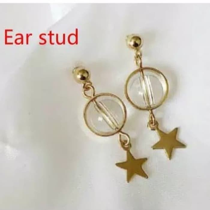 Anting Bintang Panjang Simple Gold Star Circle Pendant Long