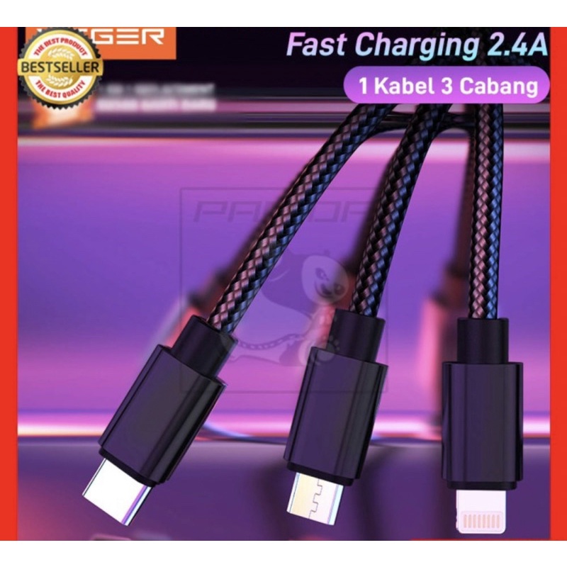 KABEL FAST CHARGING 3 in 1 MICRO TYPE C LIGHTNING VEGER