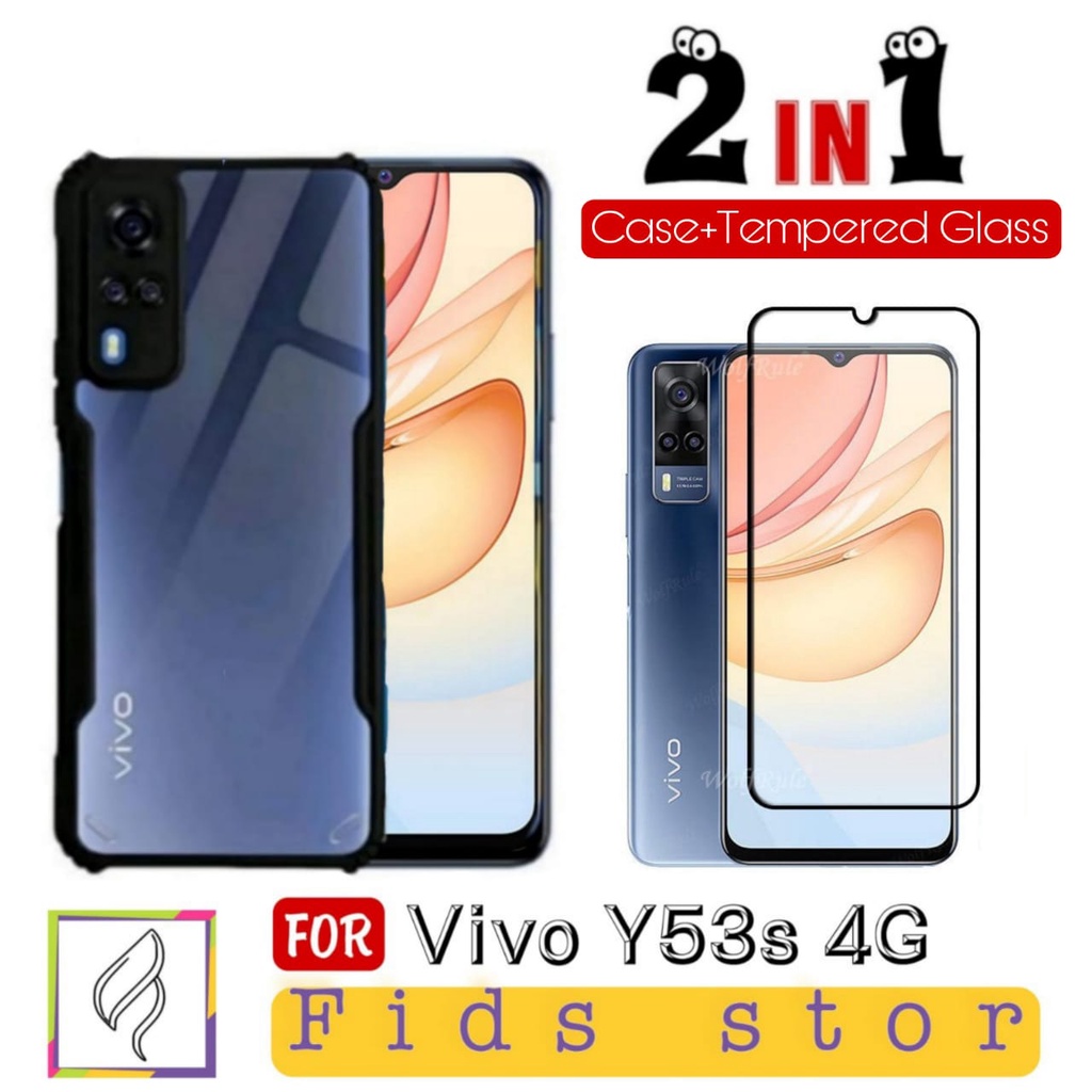 PROMO 2in1 CASE Vivo Y53s 4G Case ShockProof Transparan Free Tempered Glass Full Cover Black