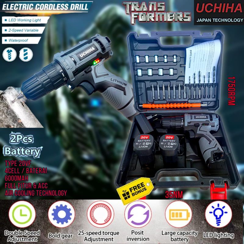 Mesin bor baterai 20v cordless drill UCHIHA charger Original