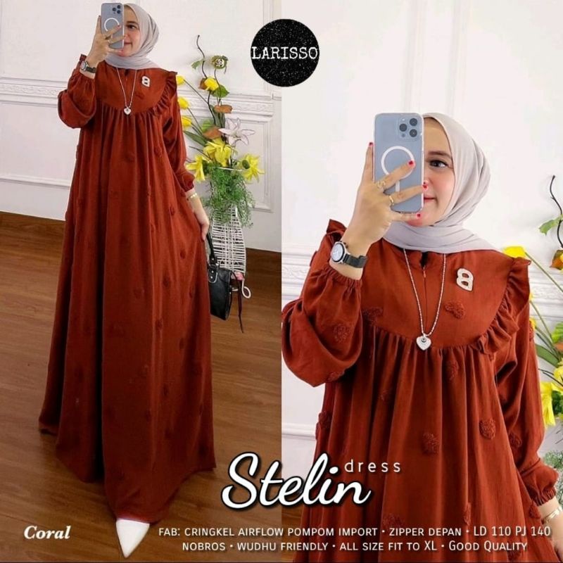 STELIN DRESS BOBA MAXY POMPOM CRINKLE AIRFLOW BUSUI ZIPPER DEPAN WUDHU FRIENDLY GOOD QUALITY CANTIK