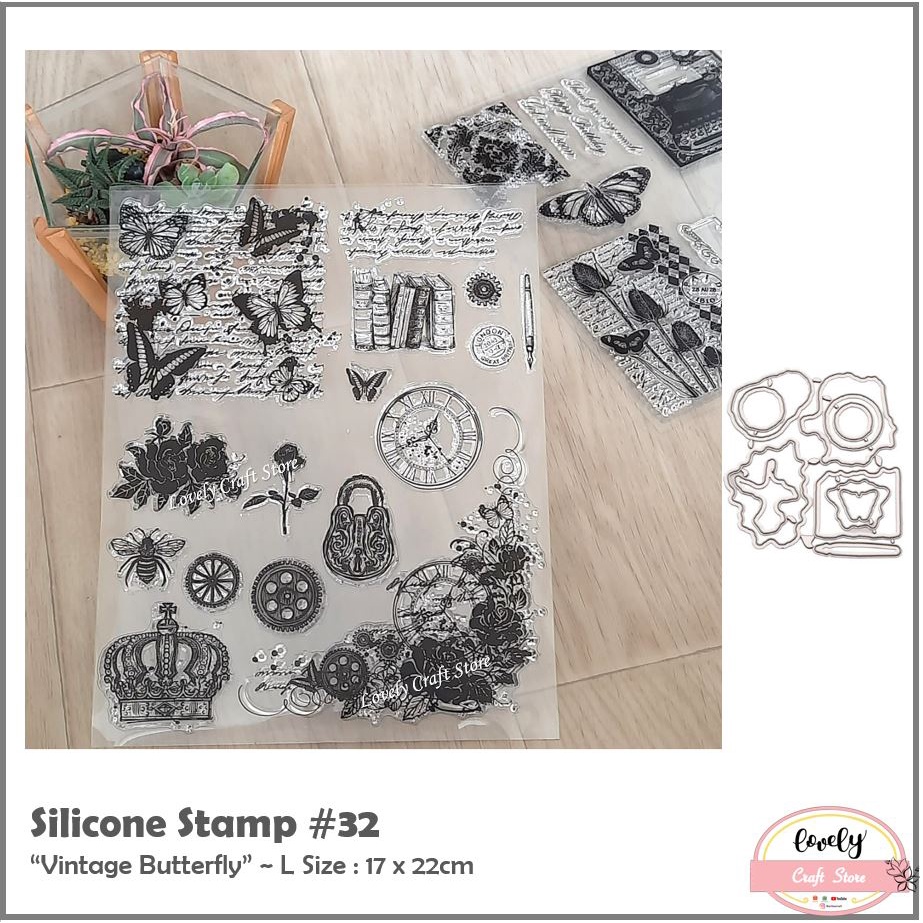 

LovelyCraftStore | S 32 - Transparent Silicone rubber Clear Stamp ~ Stempel Silikon Transparan Silicone Stamp Retro /Vintage Leaves, Butterfly, Daun, Kupu untuk journal, cards, art craft, scrapbook