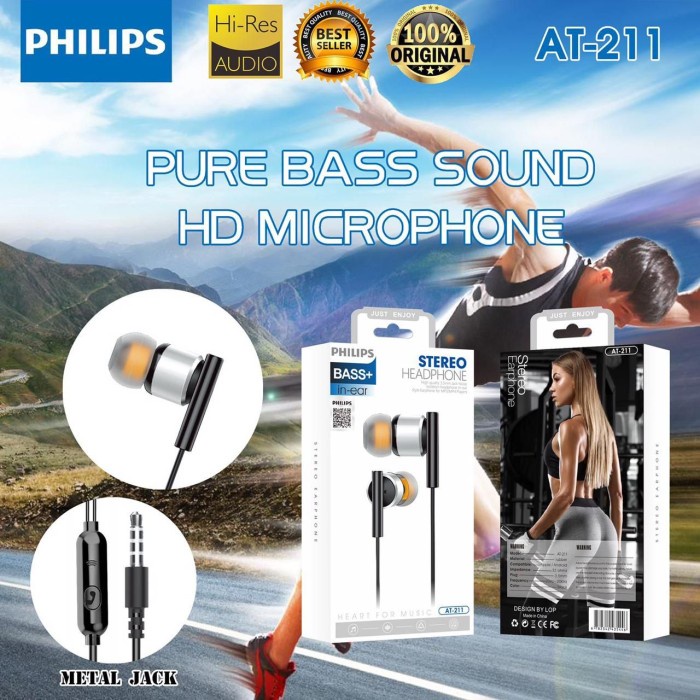 Handsfree Headset Earphone BESI Philips AT-211 Plus Mic Stereo Grosir