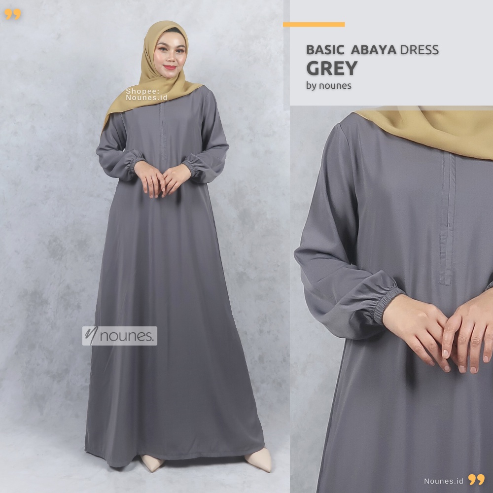 Nounes Basic Abaya Dress Gamis Daily Polos Syari Wanita Muslim Lengan Panjang Saku Kanan Busui Friendly Plain Sleve Inner Wolfis Woolpeach Grade A Warna Black Pink Navy Hijau Maxi Simple Size S M L XL Jumbo XXL LD 92 98 104 110 120-GREY