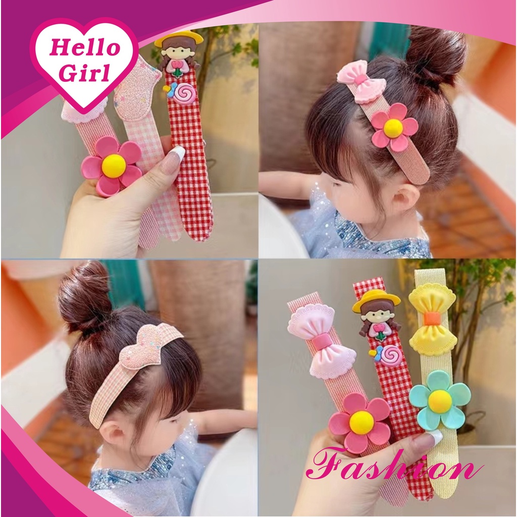 (Hello Girl)F93 Bandana Tempel Anak Penahan Poni Rambut Motif Bunga Pita Import