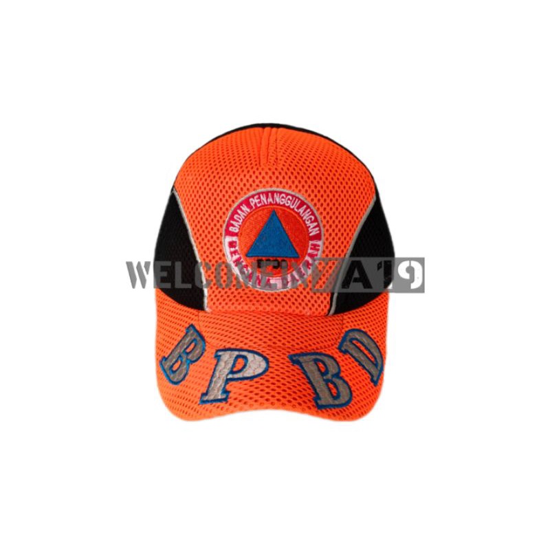 Topi Jaring BPBD / Kombinasi Oranye Hitam Tulisan Besar / Topi Logo Badan Penanggulangan Bencana Daerah