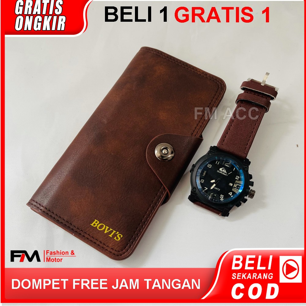 Aksesoris Fasion / Dompet Kulit Pria Wanita Casual Panjang Plus Jam Tangan Pria Premium Free Box Jam