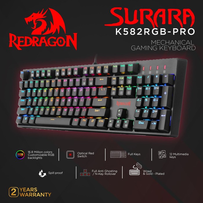 Keyboard Gaming Mechanical Redragon Optical RGB SURARA K582RGB-PRO - K582-PRO
