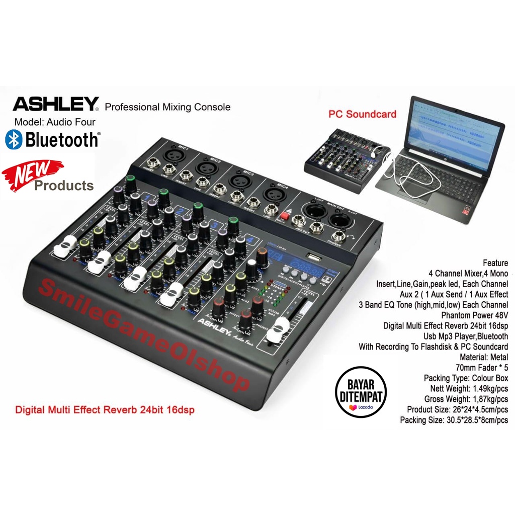 Mixer Ashley Audio Four ~ ashley 4 channel Recording , To PC Bluetooth ~ mp3 , Usb ~ 16DSP Digital E