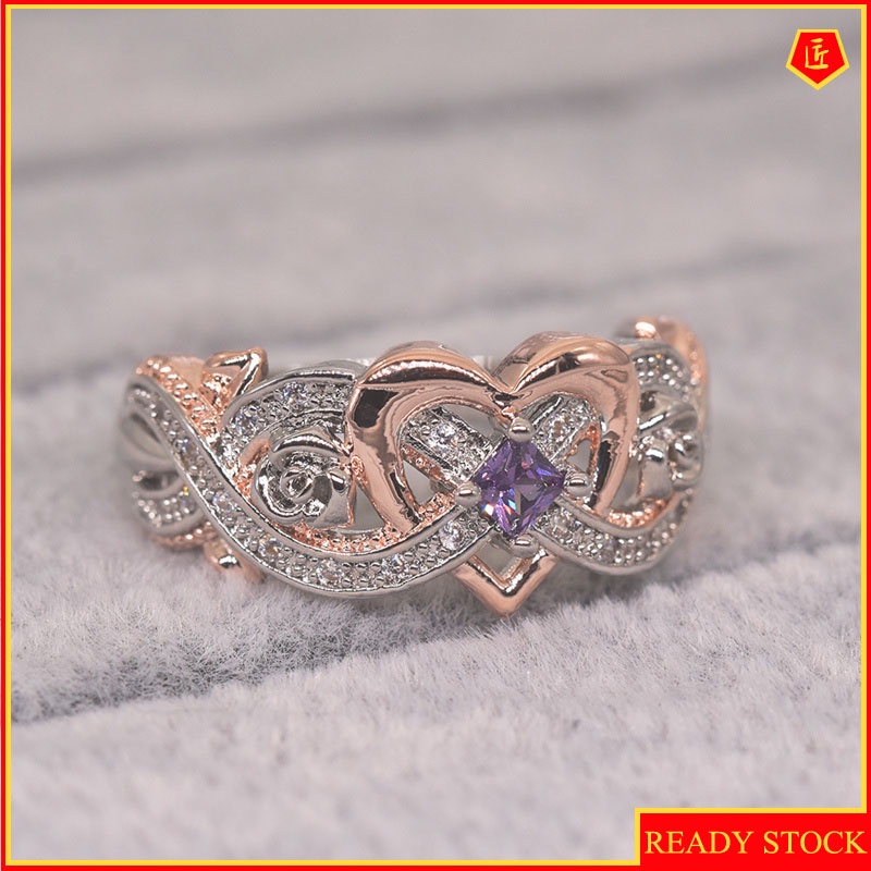 [Ready Stock]Love Heart-Shaped Rose Gold Square Diamond Ring Fashion Personality