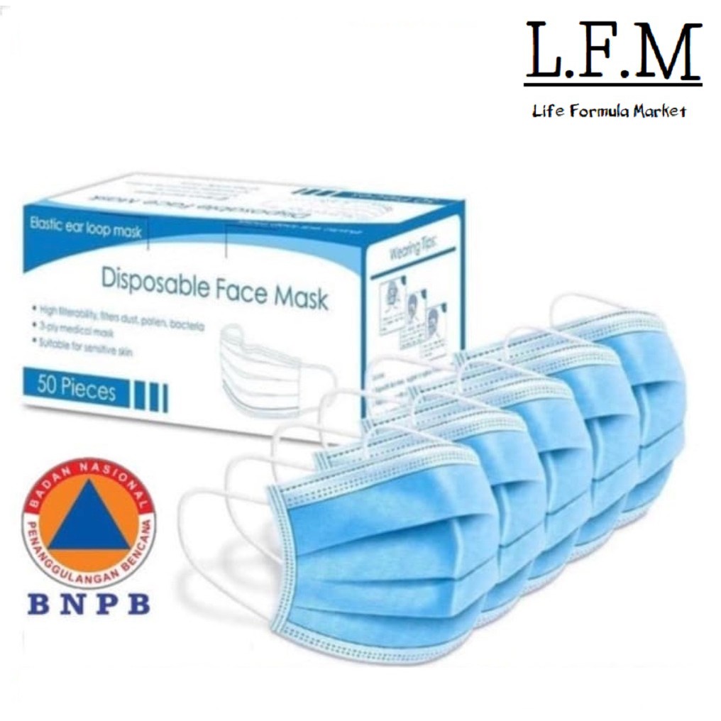 Masker Earloop 3Ply Disposable Mask 1 Dus ( isi 50 pcs ) masker wajah 3 lapis impor