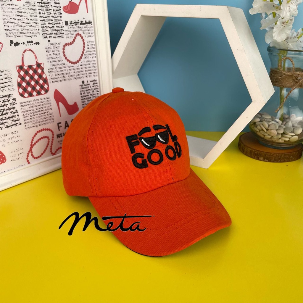 MetaColellections  TOPI BASEBALL ANAK FASHION HAT TOPI MOTIF LUCU BORDIR UNISEX TOPI MOTIF FEEL GOOD-FEEL GOOD - OREN